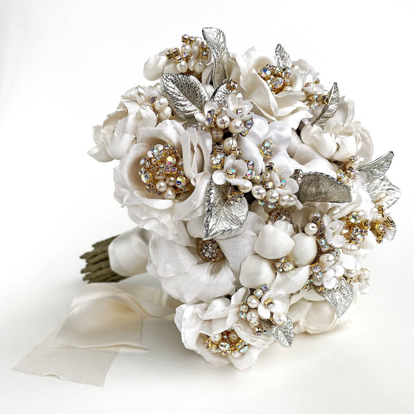 Bridal White and Gold Silver Leaf Bridal Bouquet - Marie Livet