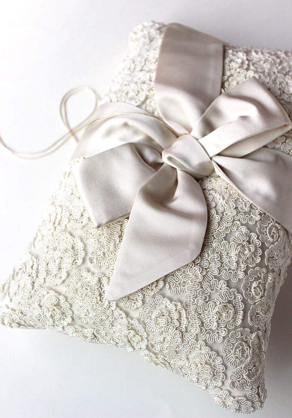 Couture Ivory Grosgrain Lace and Silk Bow Ring Bearer Pillow - Marie Livet