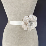 Daphne Champagne Silk Velvet Flower Bridal Sash - Marie Livet