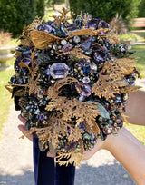 Evergreen Gold Cedar and Green Leaves Gemstone Fine Art Bridal Bouquet - Marie Livet