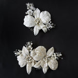 Forever Orchid White Silk Velvet Couture Flower Bridal Hair Comb - Freshwater Pearl and Swarovski - Marie Livet