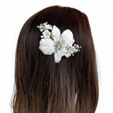 Forever Orchid White Silk Velvet Couture Flower Bridal Hair Comb - Freshwater Pearl and Swarovski - Marie Livet