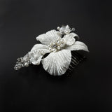 Forever Orchid White Silk Velvet Couture Flower Bridal Hair Comb - Freshwater Pearl and Swarovski - Marie Livet