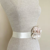 Layla Champagne and Blush Silk Velvet Flower Ivory Bridal Sash - Marie Livet