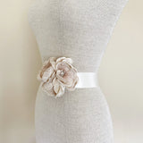 Layla Champagne and Blush Silk Velvet Flower Ivory Bridal Sash - Marie Livet