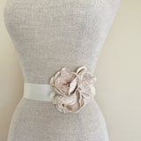 Layla Champagne and Blush Silk Velvet Flower Ivory Bridal Sash - Marie Livet