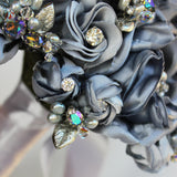 Moontide Blue Silk Rose Silver Leaf and Crystal Heirloom Bridal Bouquet - Marie Livet
