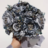 Moontide Blue Silk Rose Silver Leaf and Crystal Heirloom Bridal Bouquet - Marie Livet