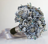 Moontide Blue Silk Rose Silver Leaf and Crystal Heirloom Bridal Bouquet - Marie Livet