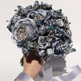 Moontide Blue Silk Rose Silver Leaf and Crystal Heirloom Bridal Bouquet - Marie Livet