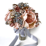 Reverie Cottage Roses Couture Gold Leaf Pink and Blue Pearl Crystal Bridal Bouquet - Marie Livet