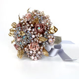 Reverie Couture Gold Leaf Pink and Blue Pearl Crystal Bridal Bouquet - Marie Livet
