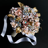 Reverie Couture Gold Leaf Pink and Blue Pearl Crystal Bridal Bouquet - Marie Livet
