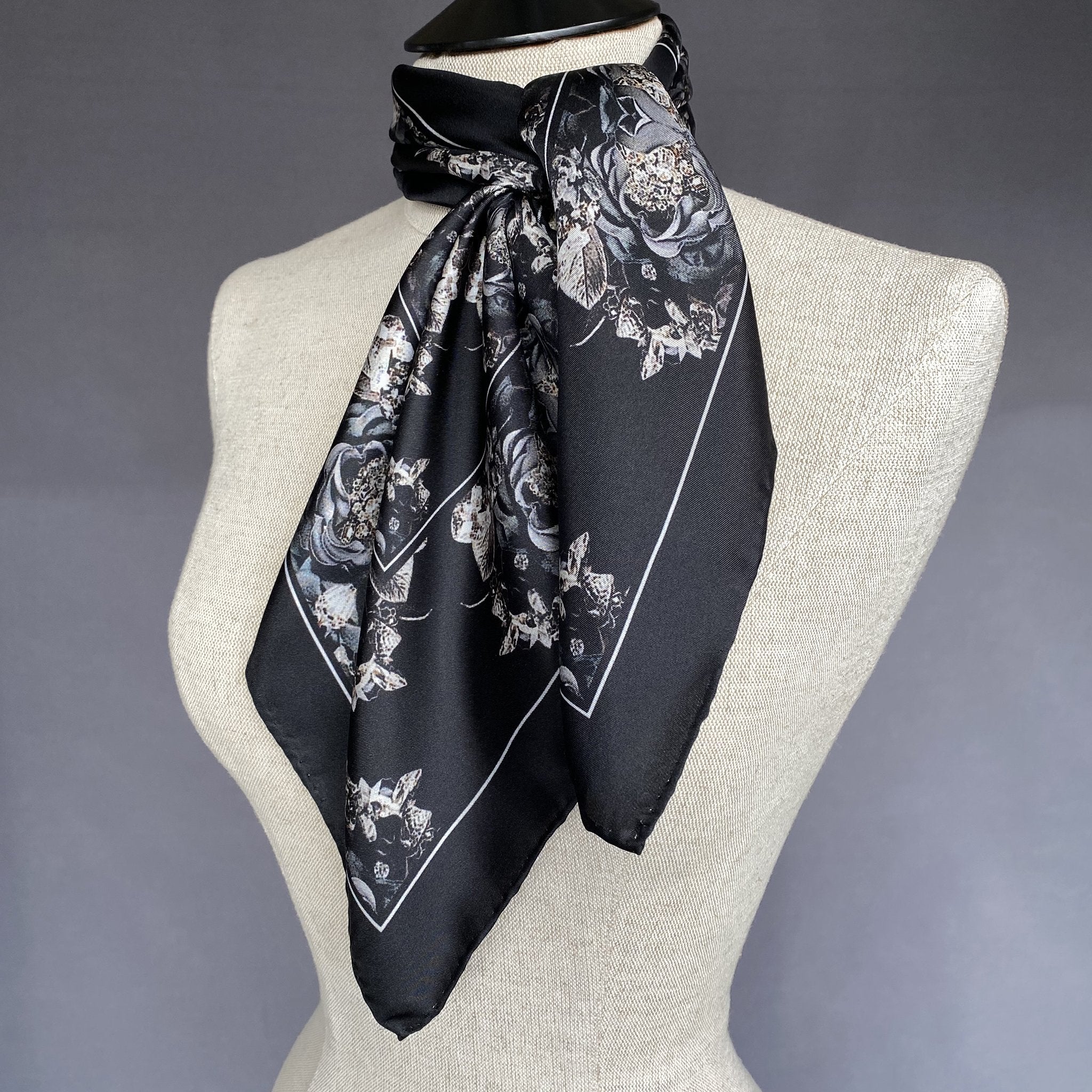Small Beacon Silk Scarf in Black and Slate Grey Floral | Marie Livet