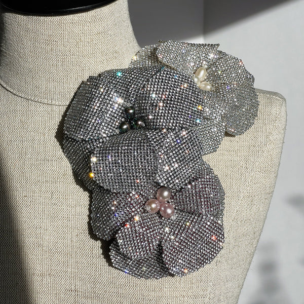 Starlight Couture Crystal Pearl Gemstone Centered Flower Brooch - Marie Livet