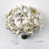 White Ivory Silk Flower Crystal and Pearl Bridal Bouquet - Marie Livet
