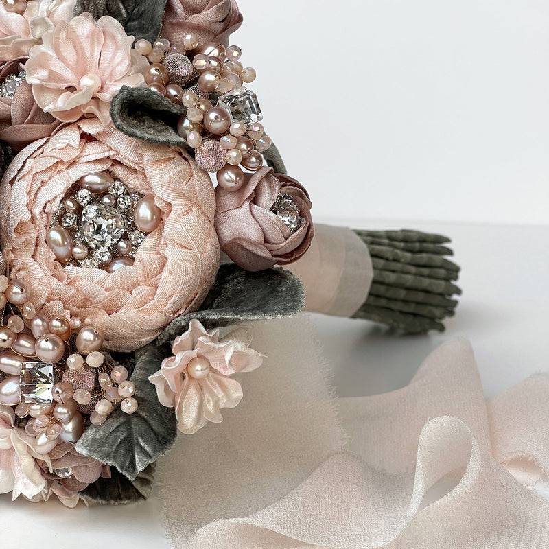 Bijou Blush Silk Flower Crystal and Pearl Bridal Bouquet - Marie Livet