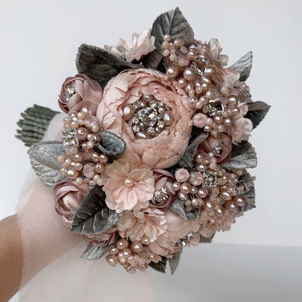 Bijou Blush Silk Flower Crystal and Pearl Bridal Bouquet - Marie Livet