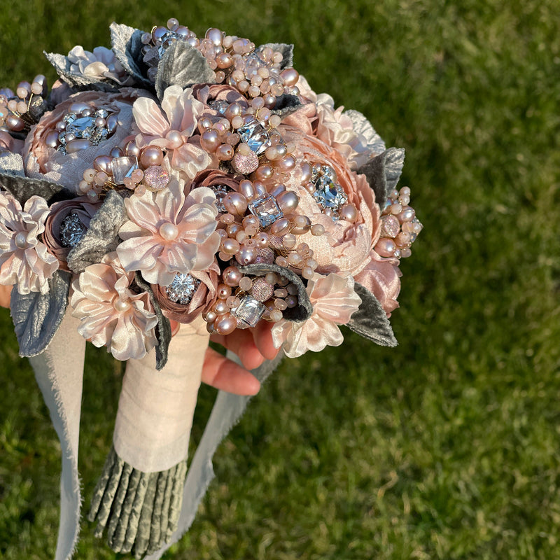 Bijou Blush Silk Flower Crystal and Pearl Bridal Bouquet - Marie Livet