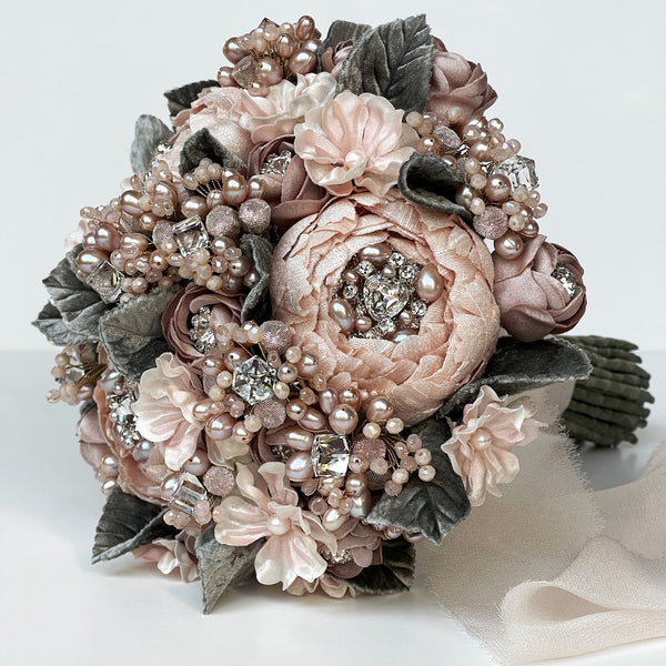 Bijou Blush Silk Flower Crystal and Pearl Bridal Bouquet - Marie Livet
