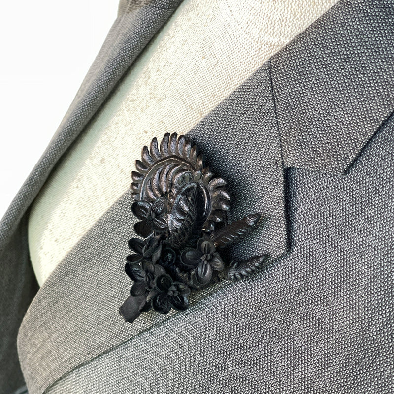 Black Leather Fern and Floral Lapel Pin Boutonniere - Marie Livet