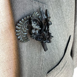 Black Leather Fern and Floral Lapel Pin Boutonniere - Marie Livet