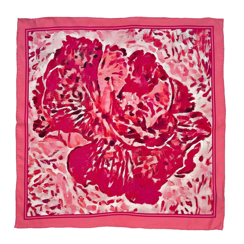 Hand Rolled Pocket Square - Impressionist Flower Pink and Coral Silk Twill - Double Sided - Marie Livet