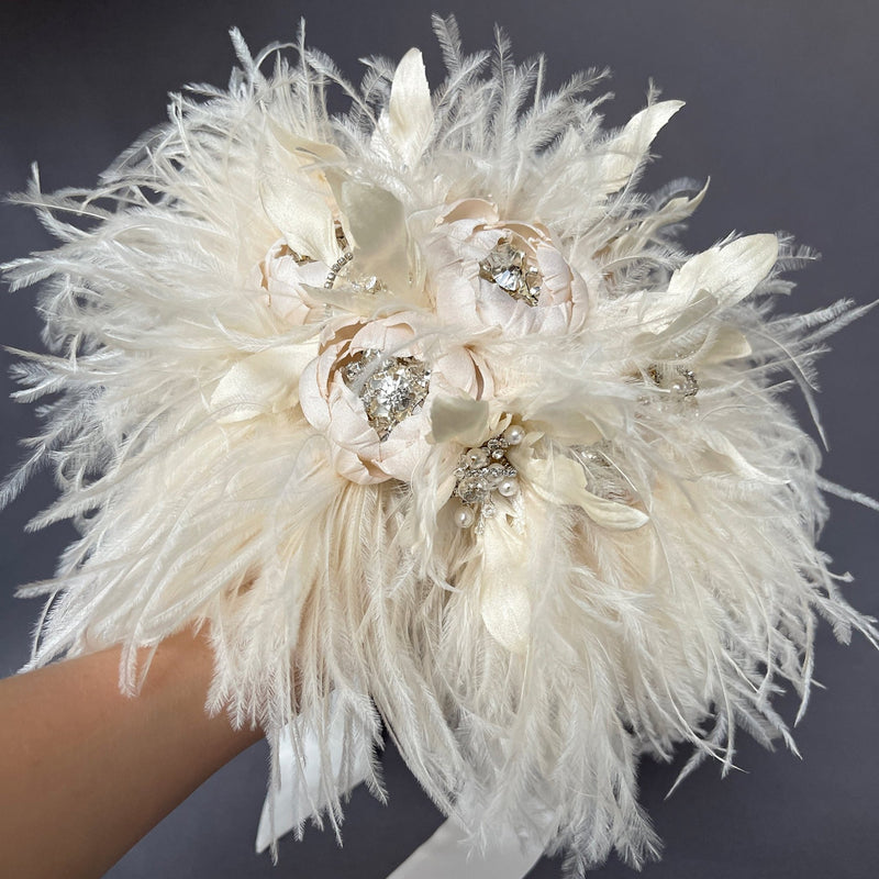 Ivory Ostrich Feather Flower Crystal and Pearl Bridal Bouquet - Marie Livet