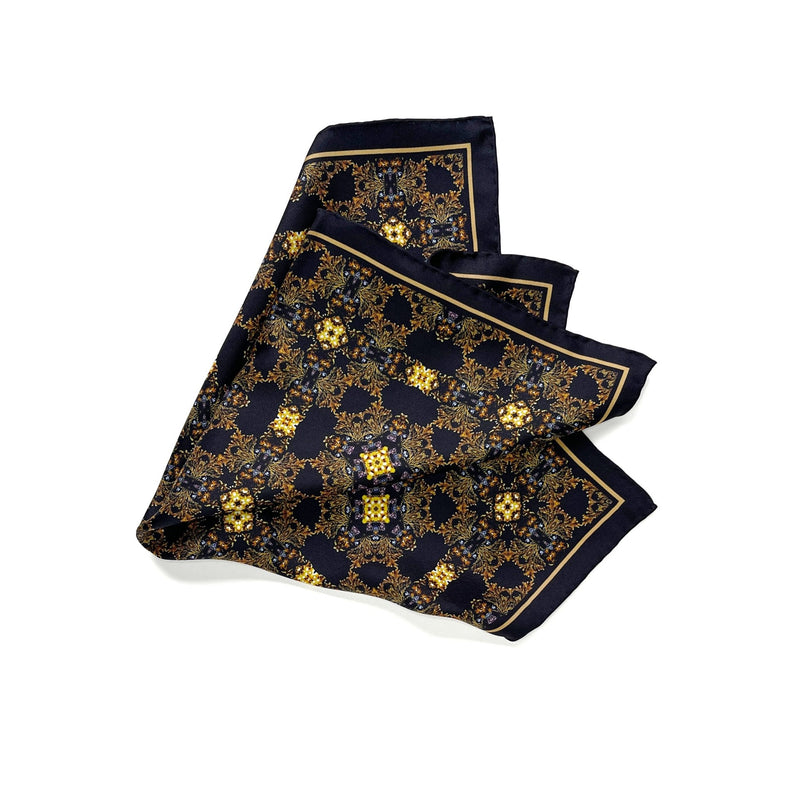 Luxury Hand Rolled Pocket Square - Evergreen Black and Gold Silk Twill - Marie Livet