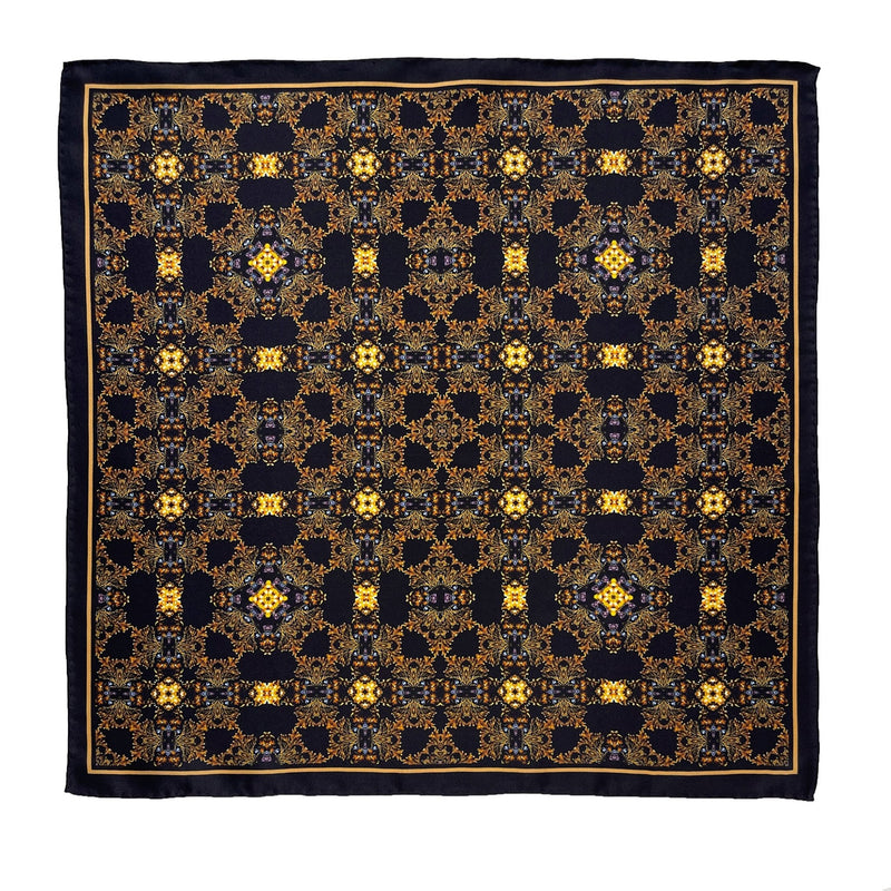 Luxury Hand Rolled Pocket Square - Evergreen Black and Gold Silk Twill - Marie Livet