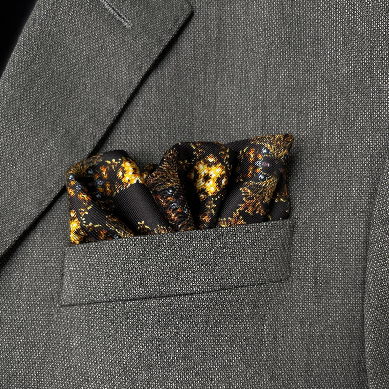 Luxury Hand Rolled Pocket Square - Evergreen Black and Gold Silk Twill - Marie Livet