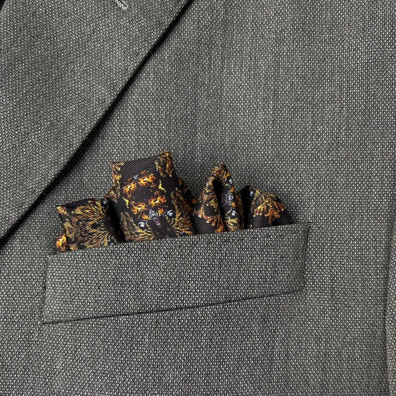 Luxury Hand Rolled Pocket Square - Evergreen Black and Gold Silk Twill - Marie Livet