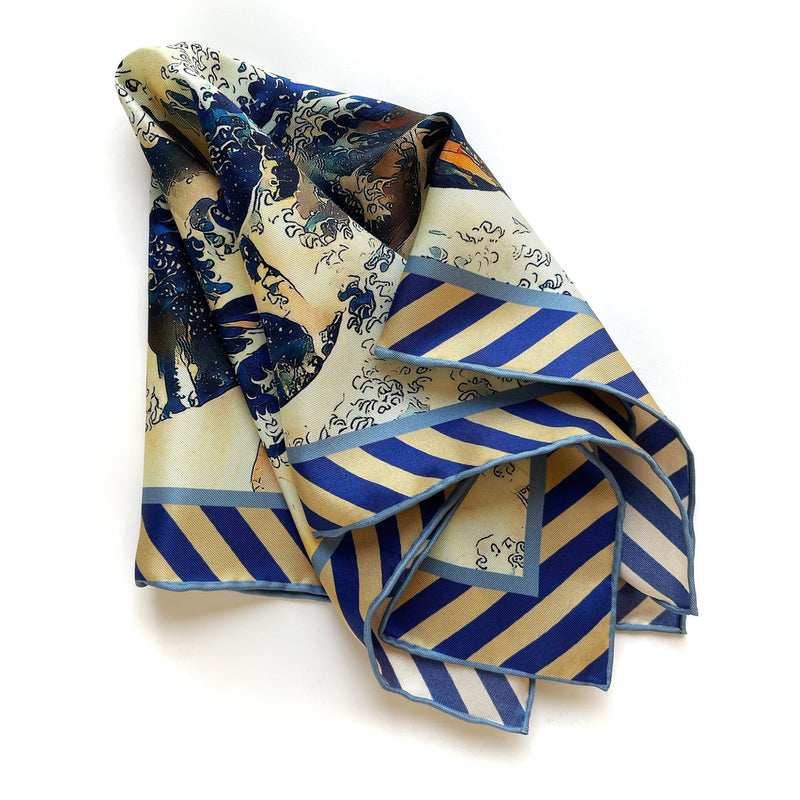 Luxury Hand Rolled Pocket Square - Wave Rose Blue and Gold Silk Twill - Marie Livet