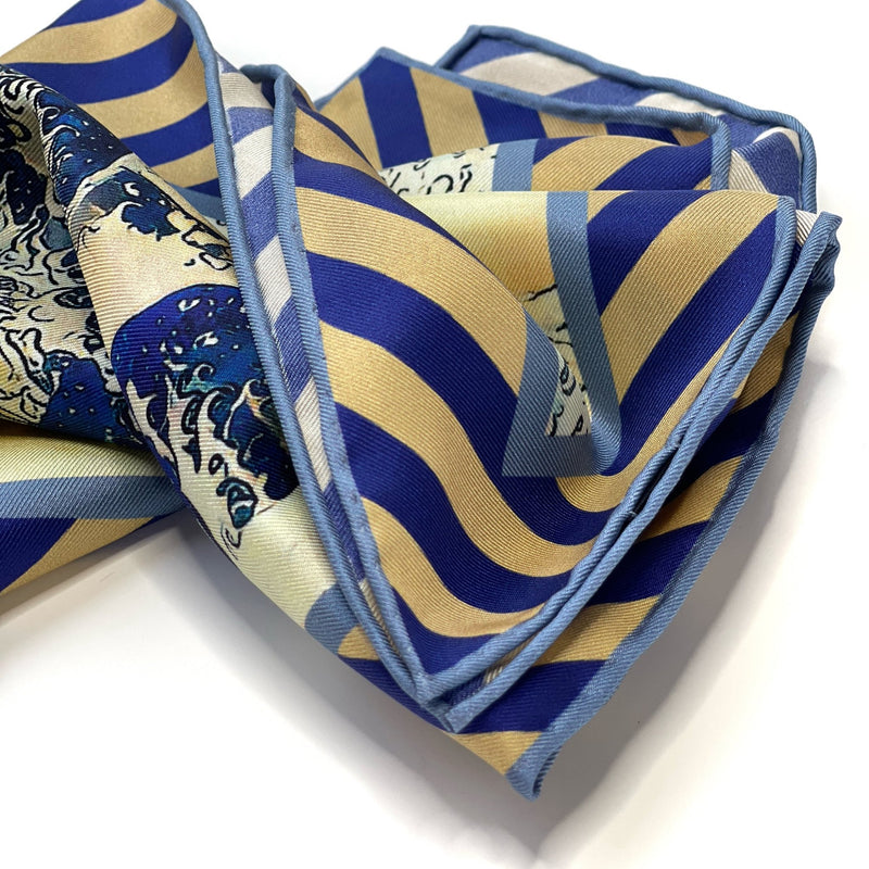 Luxury Hand Rolled Pocket Square - Wave Rose Blue and Gold Silk Twill - Marie Livet