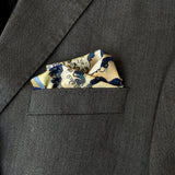 Luxury Hand Rolled Pocket Square - Wave Rose Blue and Gold Silk Twill - Marie Livet