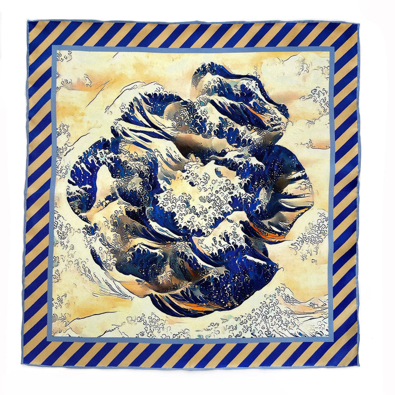 Luxury Hand Rolled Pocket Square - Wave Rose Blue and Gold Silk Twill - Marie Livet