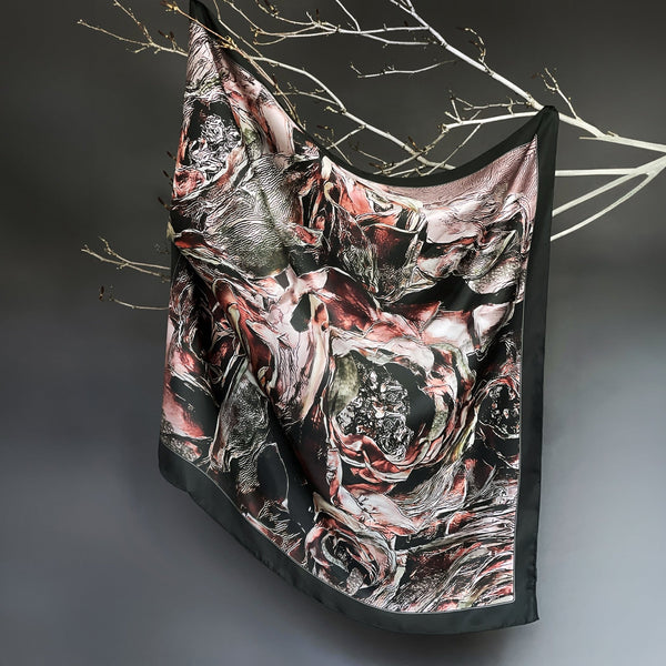 Mystery Rose Black and Pink Silk Twill Scarf - Marie Livet