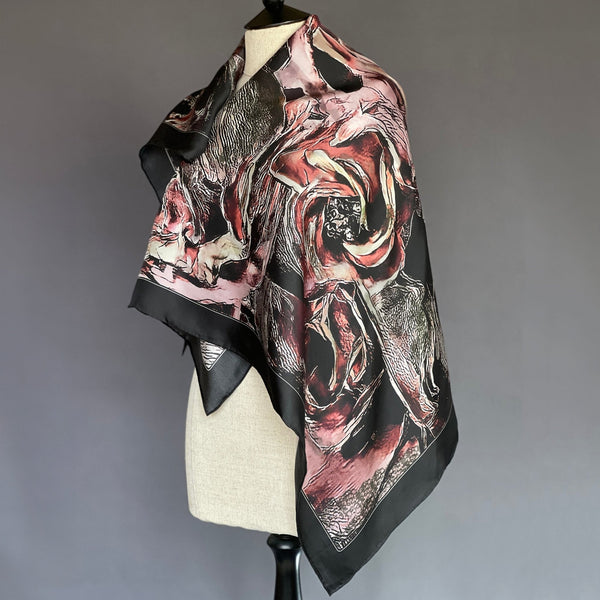 Mystery Rose Black and Pink Silk Twill Scarf - Marie Livet