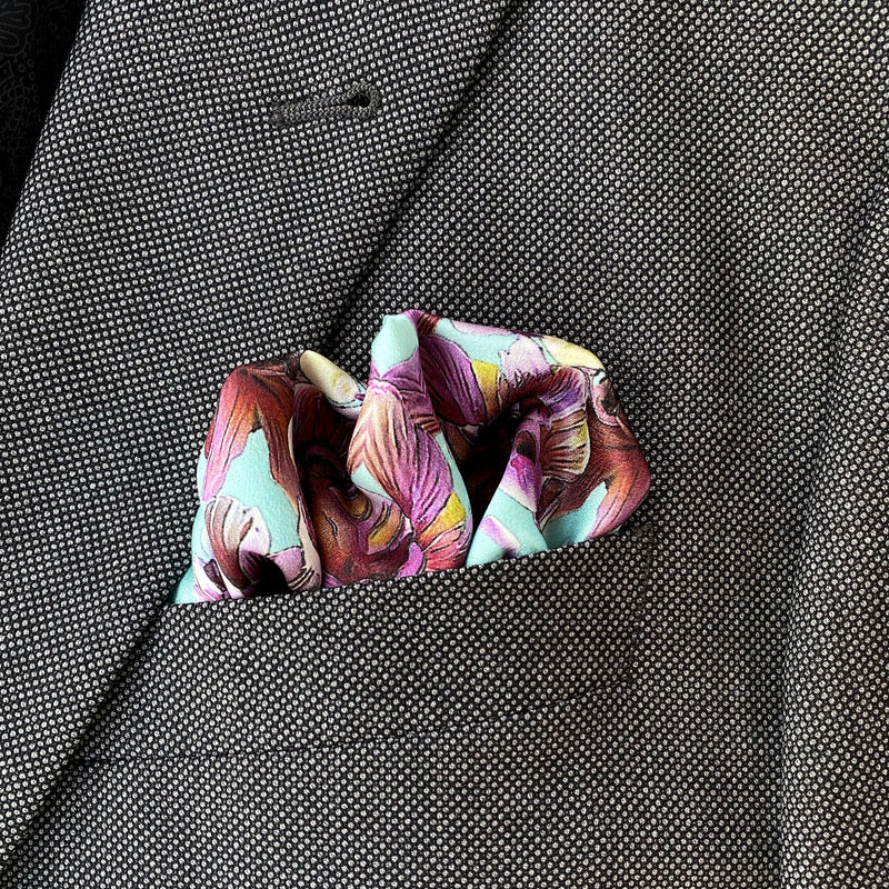 Set of Two Colorful Flower Silk Satin Pocket Square - Pocket Square Holder - Holiday Gift Set - Marie Livet