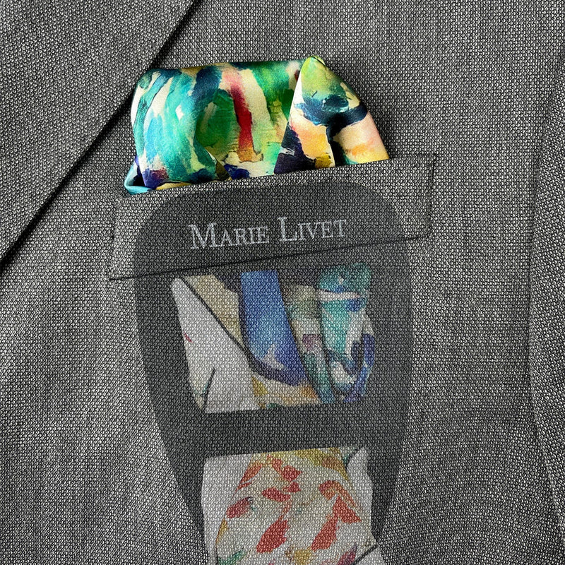 Set of Two Colorful Flower Silk Satin Pocket Square - Pocket Square Holder - Holiday Gift Set - Marie Livet