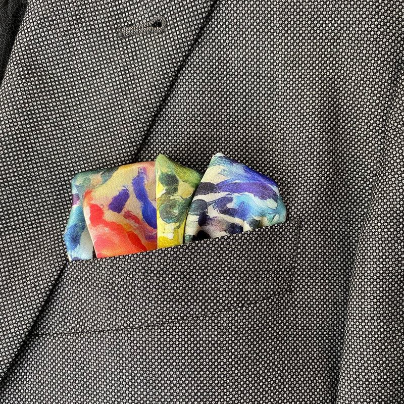 Set of Two Impressionist Flower & Blue Purple Silk Pocket Square - Pocket Square Holder - Gift For Men Handkerchief - Marie Livet