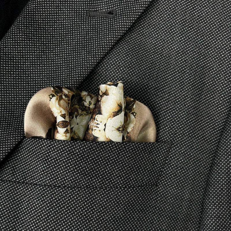 Set of Two Ivory Garden & Gold Snake Silk Satin Pocket Square - Pocket Square Holder - Holiday Gift Set - Marie Livet