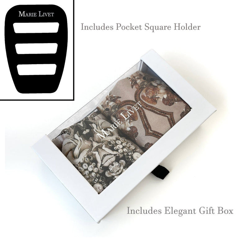 Set of Two Ivory Garden & Gold Snake Silk Satin Pocket Square - Pocket Square Holder - Holiday Gift Set - Marie Livet