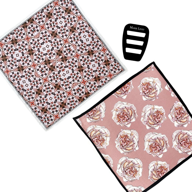 Set of Two Silk Pink Pocket Square Roses Blush Orange and Tan - Pocket Square Holder - Holiday Gift Set - Marie Livet