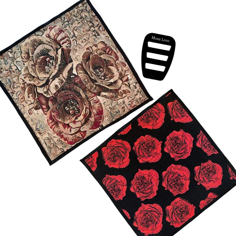 Set of Two Silk Pocket Square Black Red and Tapestry Rose Beige Rust - Holiday Gift Set - Marie Livet