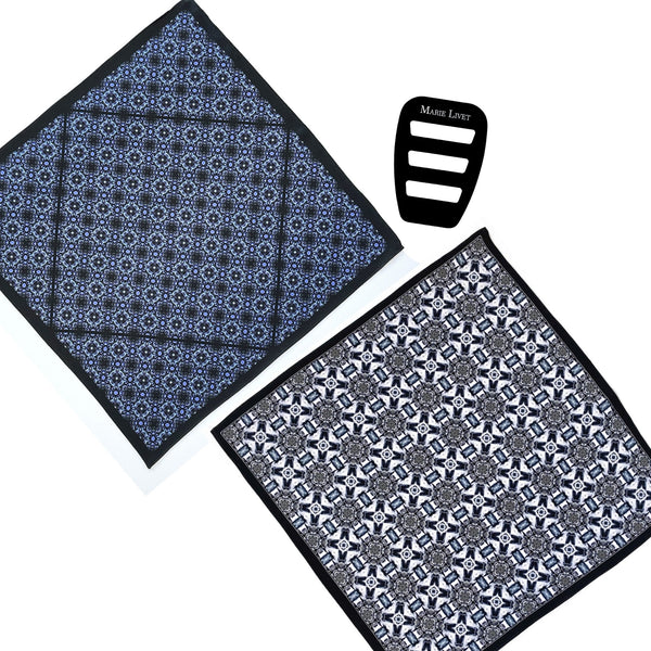 Set of Two Silk Pocket Square Blue Black and Gray - Pocket Square Holder - Holiday Gift Set - Marie Livet