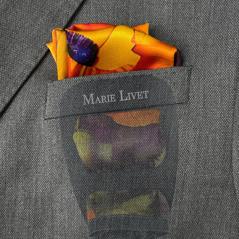 Set of Two Silk Pocket Square Blue Orange Poppy Floral - Pocket Square Holder - Holiday Gift Set - Marie Livet