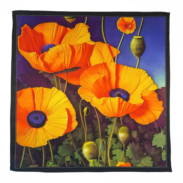 Set of Two Silk Pocket Square Blue Orange Poppy Floral - Pocket Square Holder - Holiday Gift Set - Marie Livet