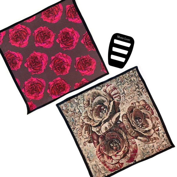 Set of Two Silk Pocket Square Brown Fuchsia Tapestry Rose Beige Rust - Pocket Square Holder - Holiday Gift Set - Marie Livet