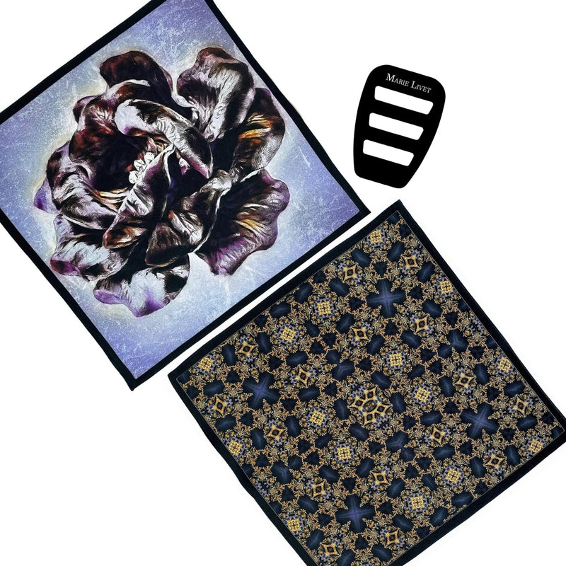 Set of Two Silk Pocket Square Evergreen Black Gold and Purple Rose - Pocket Square Holder - Holiday Gift Set - Marie Livet